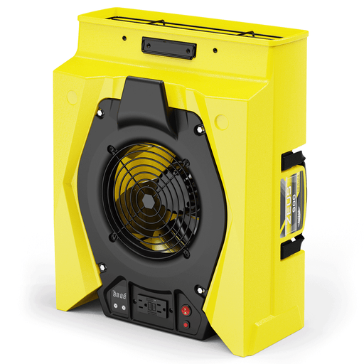 Yellow AlorAir Zeus 900 radial air mover standing upright, front view of the intake grille and control panel