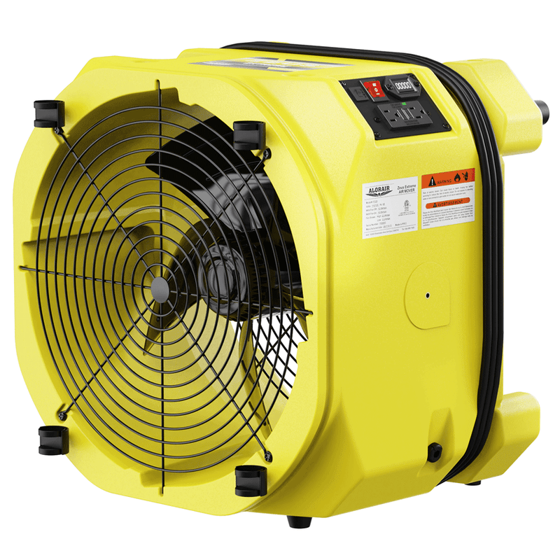 Yellow AlorAir Zeus Extreme axial air mover, front three-quarter view showing the fan guard, control panel and wrapped cord