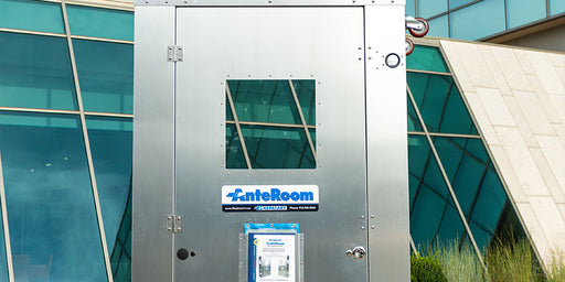 AnteRoom door panel close up with viewing window, latch and document holder