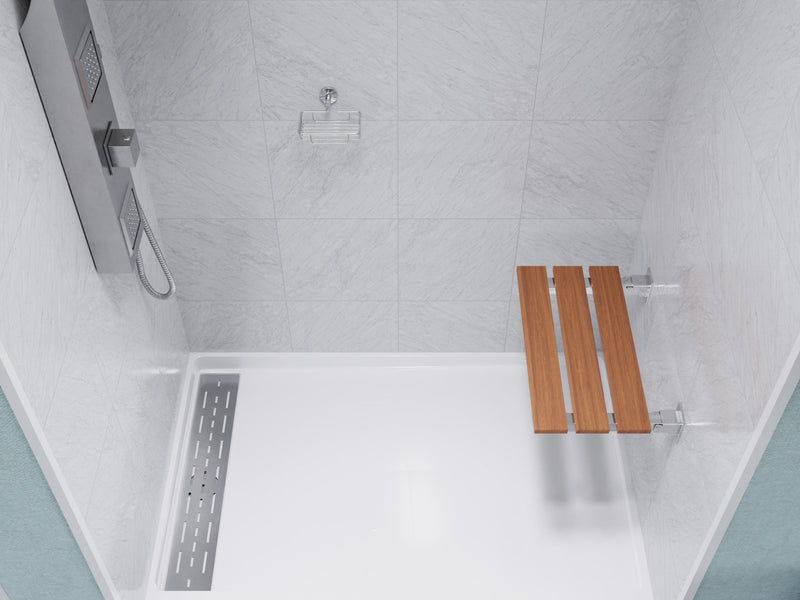 ANZZI AC-AZ202 Folding Shower Seat polished chrome brackets, seat folded up beside a linear drain