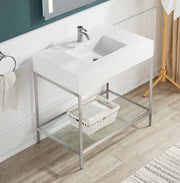 ANZZI CS-FRGLPNL00BN Ventura console sink frame in brushed nickel, installed room view 1