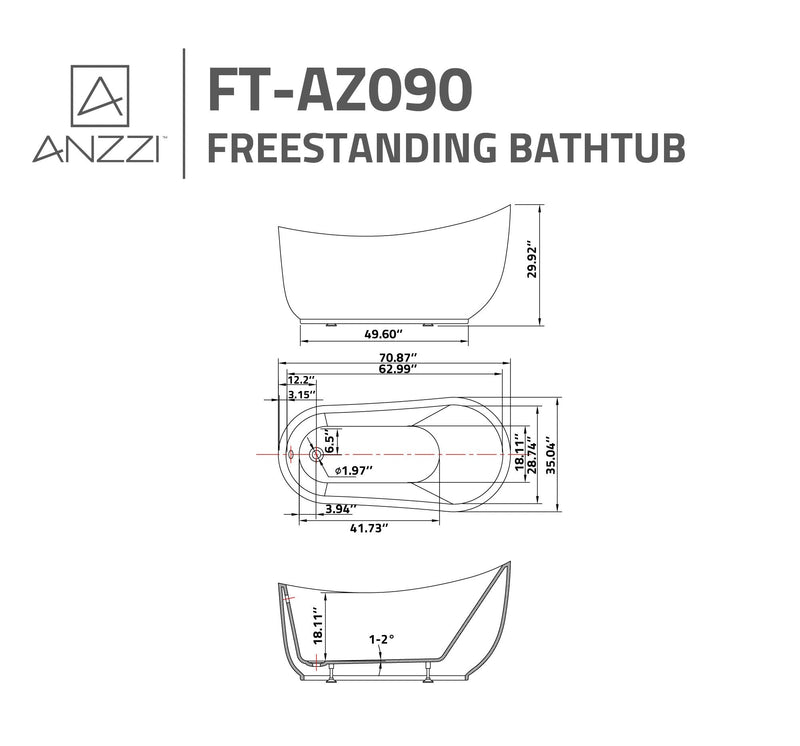 ANZZI FT-AZ090 freestanding bathtub dimension drawing, top and side views