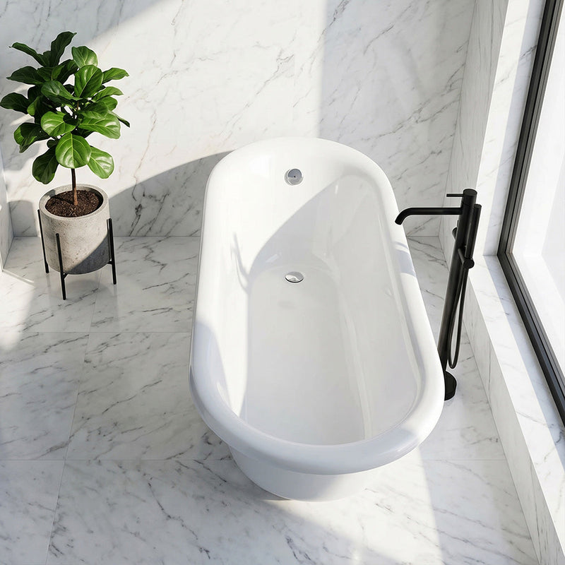 ANZZI FT-AZ090 Talyah tub from the slipper end, beside a window with a black floor filler