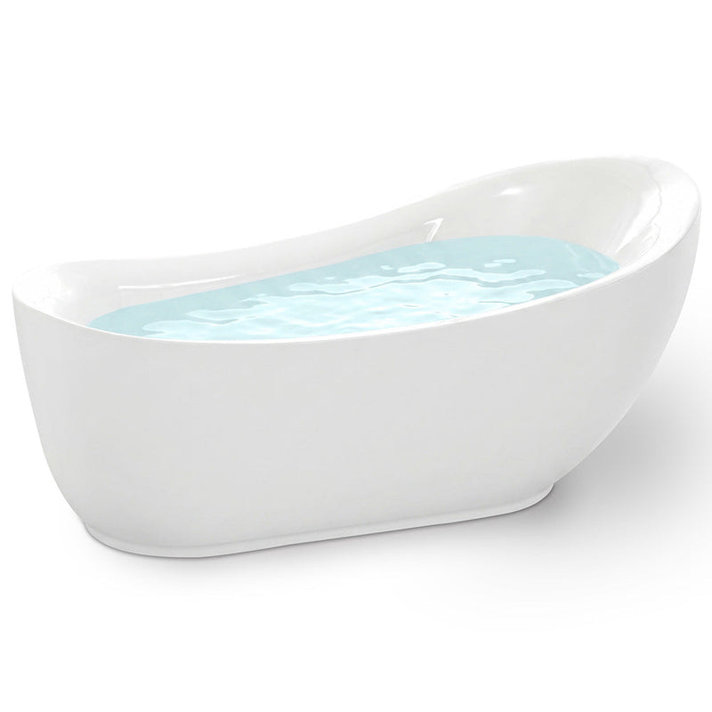 ANZZI FT-AZ090 Talyah slipper freestanding bathtub in glossy white, filled, three-quarter view on white