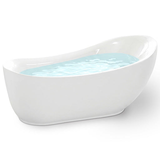 ANZZI FT-AZ090 Talyah slipper freestanding bathtub in glossy white, filled, three-quarter view on white