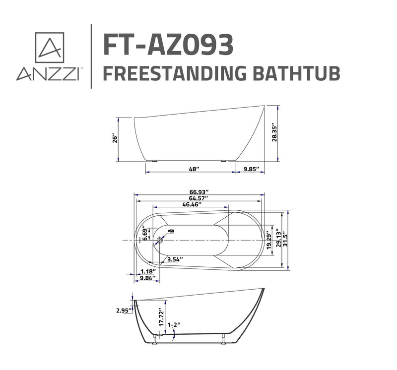ANZZI FT-AZ093 Trend Series 67" x 32" Flat Bottom Acrylic Freestanding Soaking Bathtu, dimension drawing