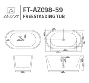 ANZZI FT-AZ098-59BK Chand Series 59" - 67" Flat Bottom Freestanding Soaker Tub with Ergono, dimension drawing