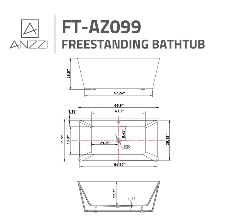 ANZZI FT-AZ099 Zenith Series 5.58 ft. Freestanding Bathtub in White, dimension drawing