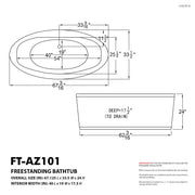 ANZZI FT-AZ101 Heidi 67" x 34" Acrylic Combination 50 Gallon Capacity Freestanding Ba, dimension drawing