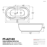 ANZZI FT-AZ102 Lori Series 71" L x 36" W Acrylic Freestanding Air Bathtub with Center, dimension drawing