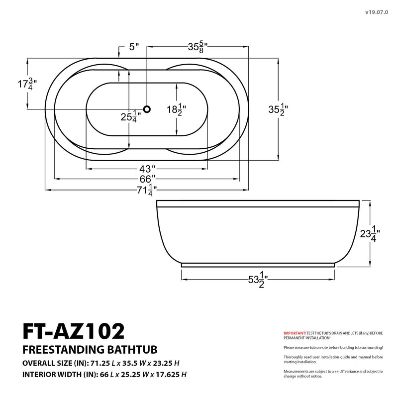 ANZZI FT-AZ102 Lori Series 71" L x 36" W Acrylic Freestanding Air Bathtub with Center, dimension drawing