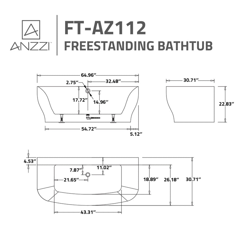 ANZZI FT-AZ112-473BG Bank Series 65" x 31" Flat Bottom Acrylic Freestanding Soaking Bathtub, dimension drawing