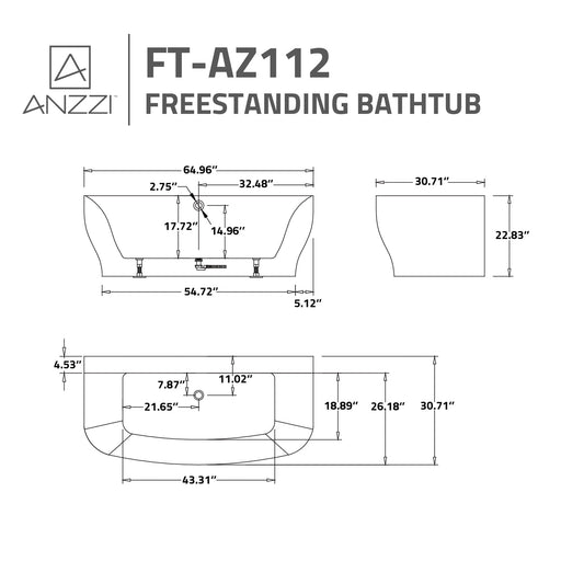ANZZI FT-AZ112 Bank 65" x 31" Flat Bottom Acrylic Freestanding Soaking Bathtub and Fa, dimension drawing