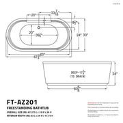 ANZZI FT-AZ201 Sofi 67" L x 34" W Acrylic Combination 50 Gallon Capacity Freestanding, dimension drawing