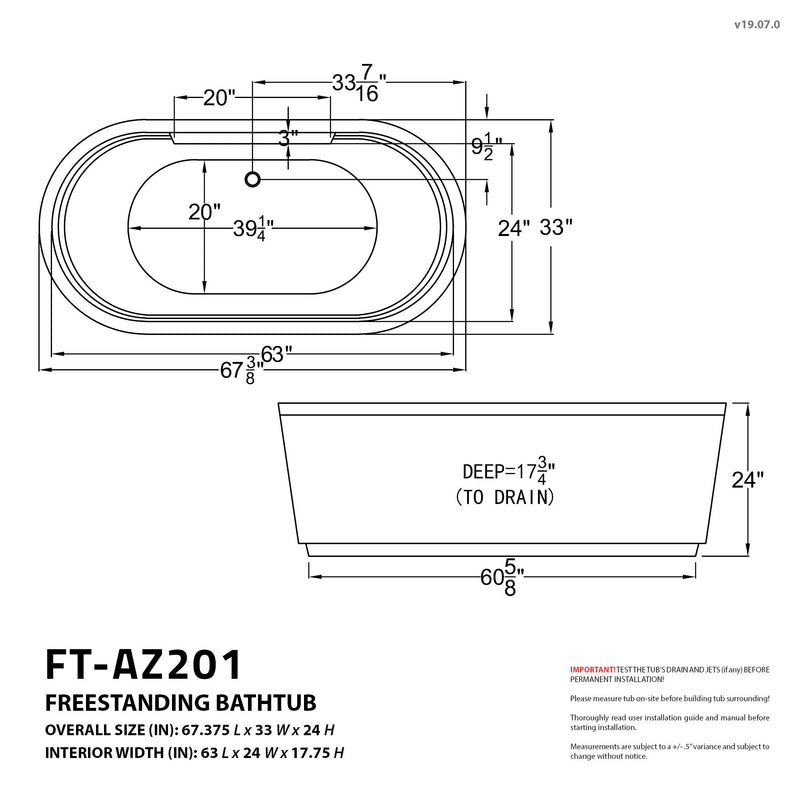 ANZZI FT-AZ201 Sofi 67" L x 34" W Acrylic Combination 50 Gallon Capacity Freestanding, dimension drawing