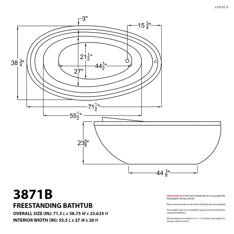 ANZZI FT-AZ202 Leni 71" x 38" Jetted Whirlpool 54 Gallon Capacity Freestanding Bathtu, dimension drawing