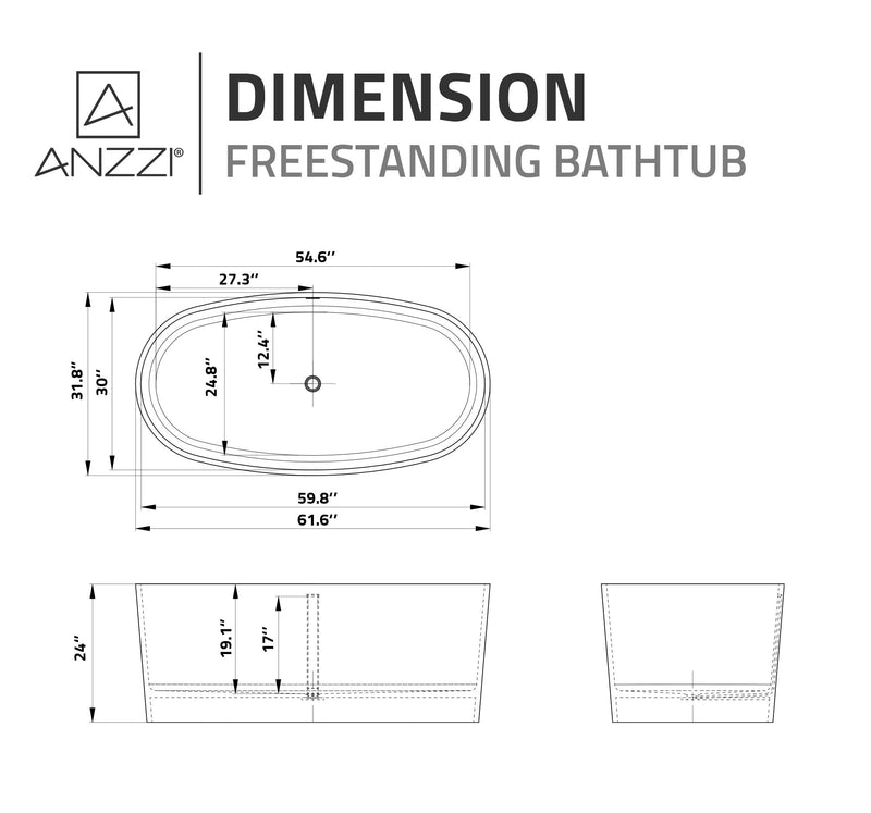 ANZZI FT-AZ505 Roccia 61" x 31" Flat Bottom Solid Surface Freestanding Soaking Bathtu, dimension drawing