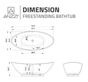 ANZZI FT-AZ508 Ala 74" x 34" Flat Bottom Solid Surface Freestanding Soaking Bathtub w, dimension drawing