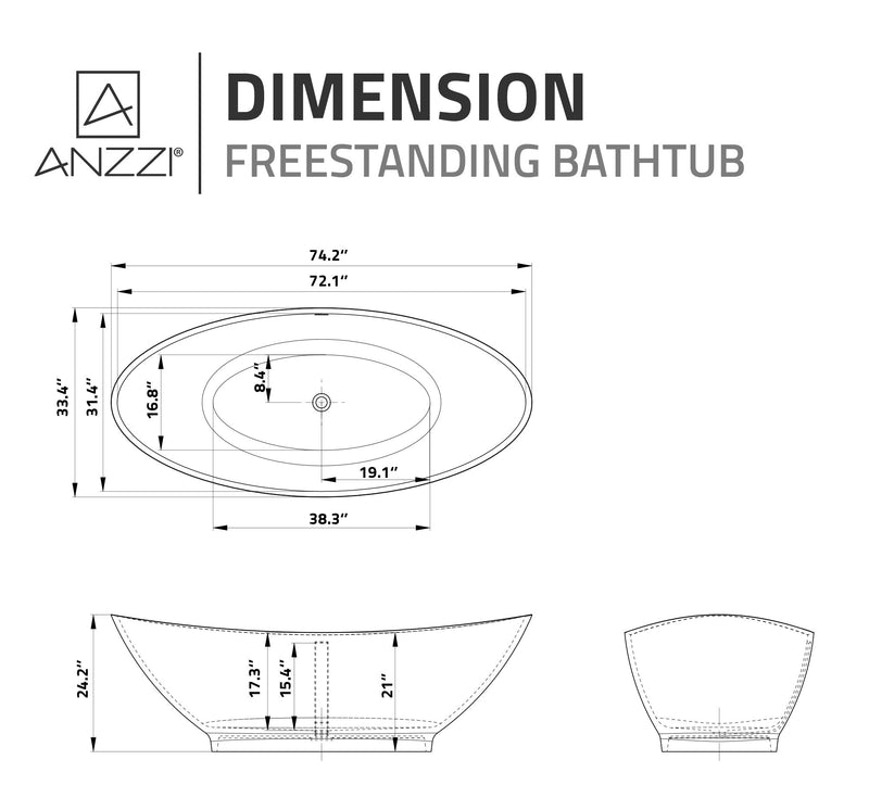 ANZZI FT-AZ508 Ala 74" x 34" Flat Bottom Solid Surface Freestanding Soaking Bathtub w, dimension drawing
