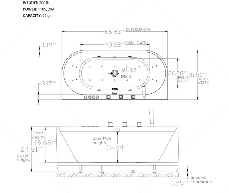 ANZZI FT-AZ514 Stone Bell Flatbottom Freestanding Whirlpool and Air Bathtub and Fauce, dimension drawing