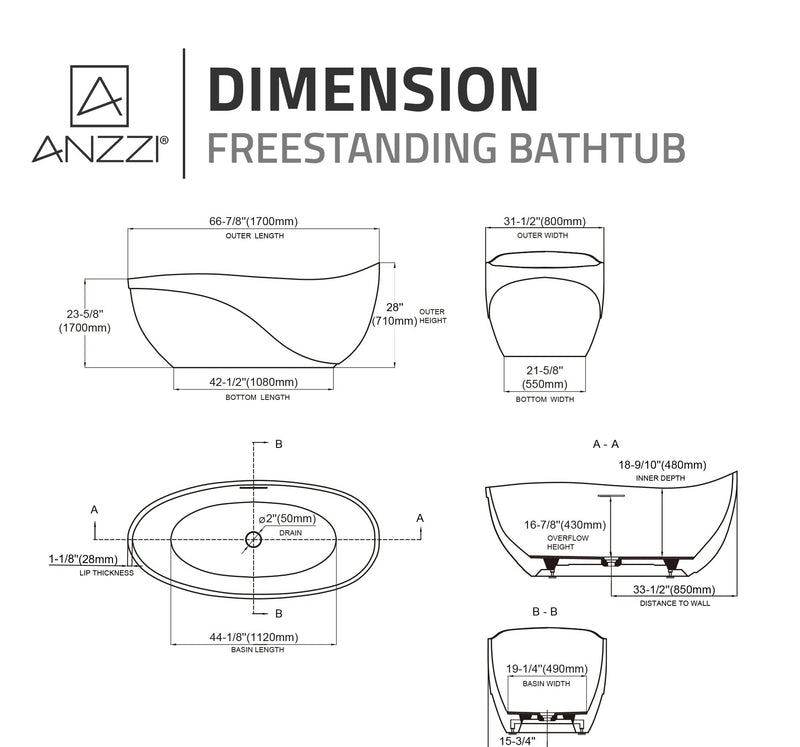 ANZZI FT-AZ516BK-BK 67" x 32" Freestanding Oval Stone Resin Flat-Bottom Bathtub in Black w, dimension drawing