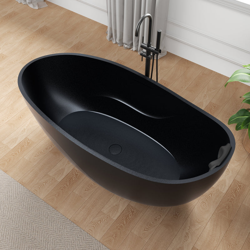 ANZZI FT-AZ516BK-BK 67" x 32" Freestanding Oval Stone Resin Flat-Bottom Bathtub in Black w, product view 2