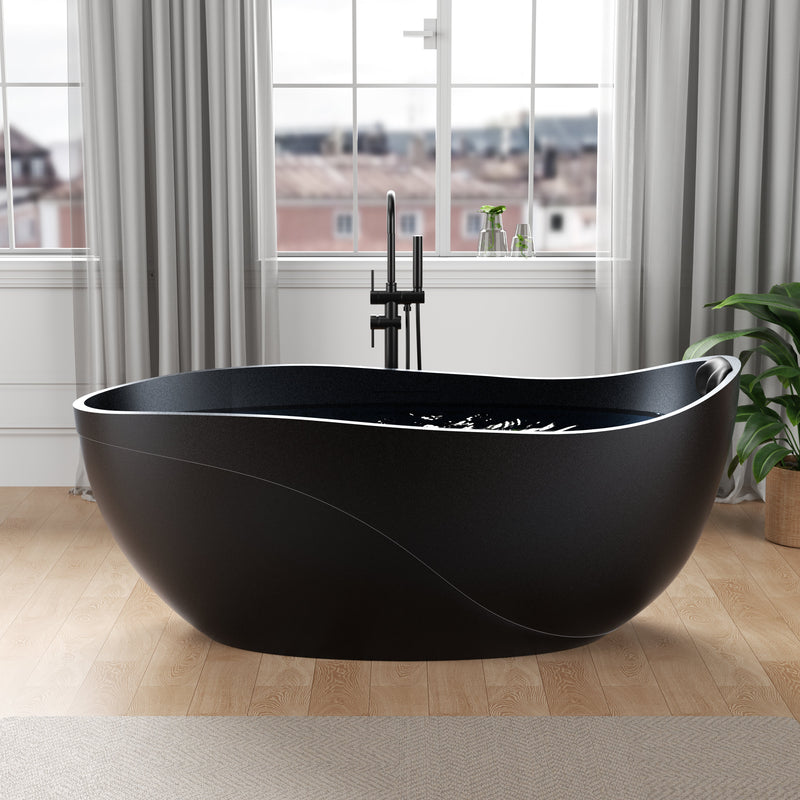 ANZZI FT-AZ516BK-BK 67" x 32" Freestanding Oval Stone Resin Flat-Bottom Bathtub in Black w, product view 3