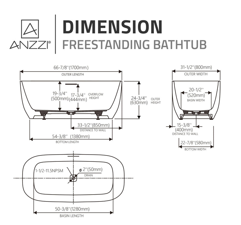 ANZZI FT-AZ6732BKS 67" x 32" Rectangle Freestanding Stone Resin Deep Flat-Bottom Bathtub, dimension drawing