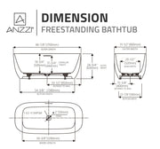 ANZZI FT-AZ6732OGS 67" x 32" Rectangle Freestanding Stone Resin Deep Flat-Bottom Bathtub, dimension drawing