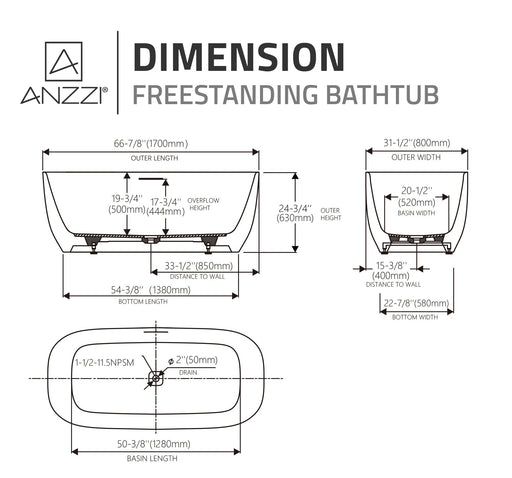 ANZZI FT-AZ6732WHS 67" x 32" Rectangle Freestanding Stone Resin Deep Flat-Bottom Bathtub, dimension drawing