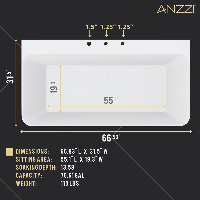 ANZZI FTAZ11467-473CH Vault 67" x 32" Flat Bottom Acrylic Freestanding Soaking Bathtub and F, dimension drawing