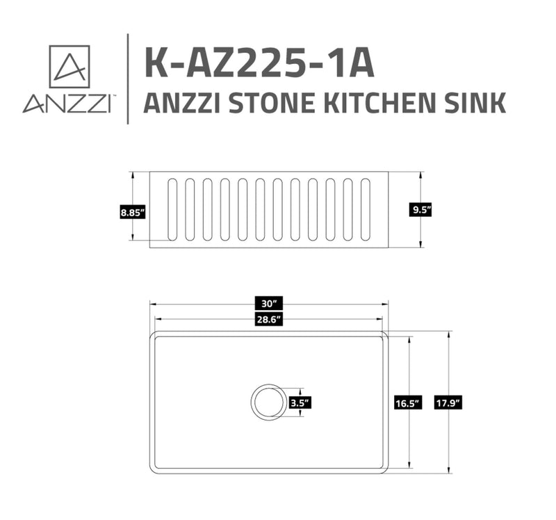 ANZZI K-AZ225-1A farmhouse kitchen sink, dimension drawing