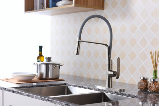 ANZZI KF-AZ003BN Accent kitchen faucet in brushed nickel, installed room view 1