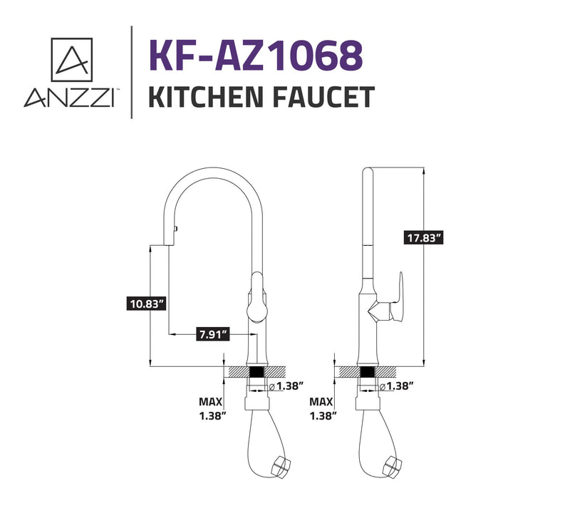 ANZZI KF-AZ1068CH Cresent kitchen faucet, dimension drawing