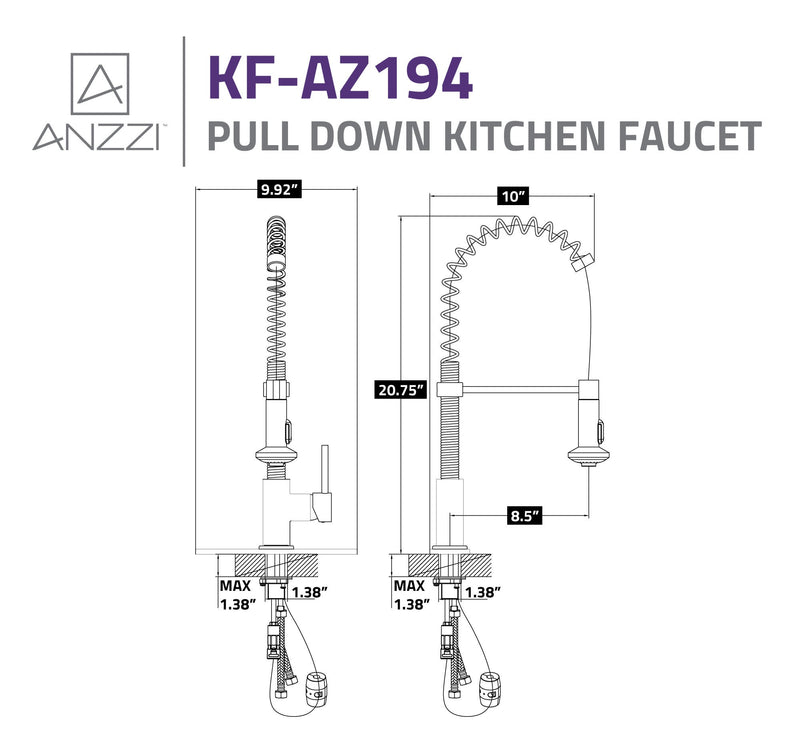 ANZZI KF-AZ194BN Step kitchen faucet, dimension drawing