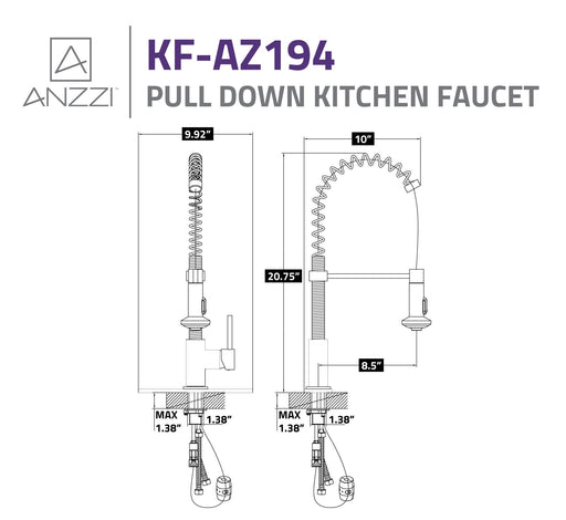 ANZZI KF-AZ194BN Step kitchen faucet, dimension drawing