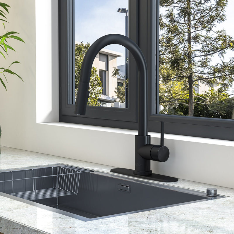 ANZZI KF-AZ601MB Expedition kitchen faucet in matte black, installed room view 1