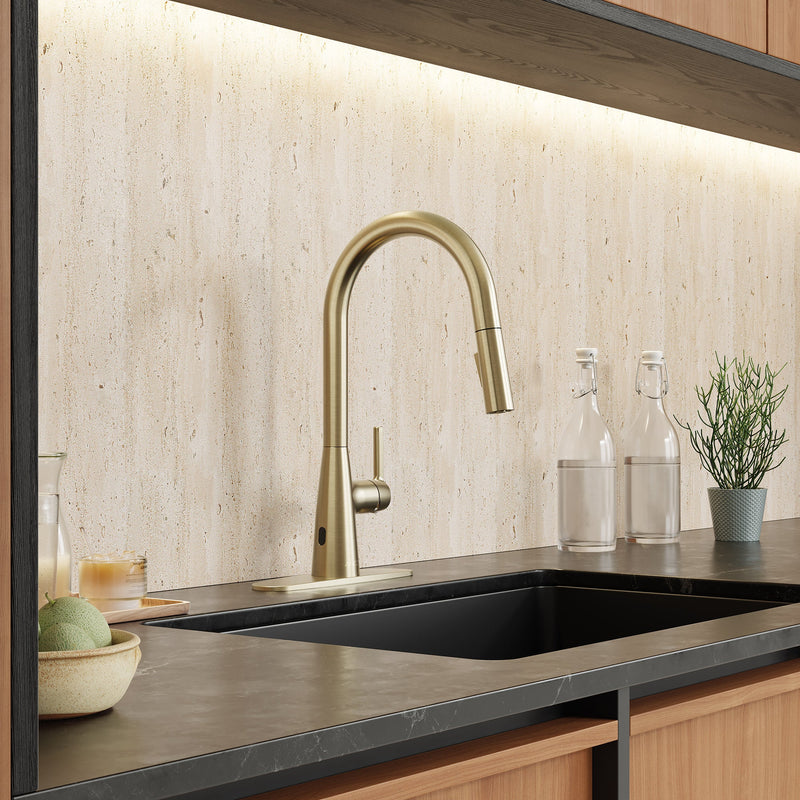 ANZZI KF-AZ701SB Adela kitchen faucet in satin brass, installed room view 1
