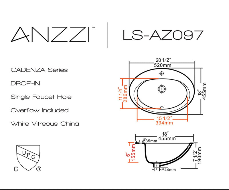 ANZZI LS-AZ097 Cadenza drop-in bathroom sink, dimension drawing