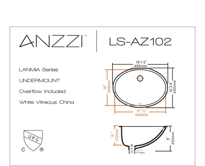 ANZZI LS-AZ102 Lanmia undermount bathroom sink, dimension drawing