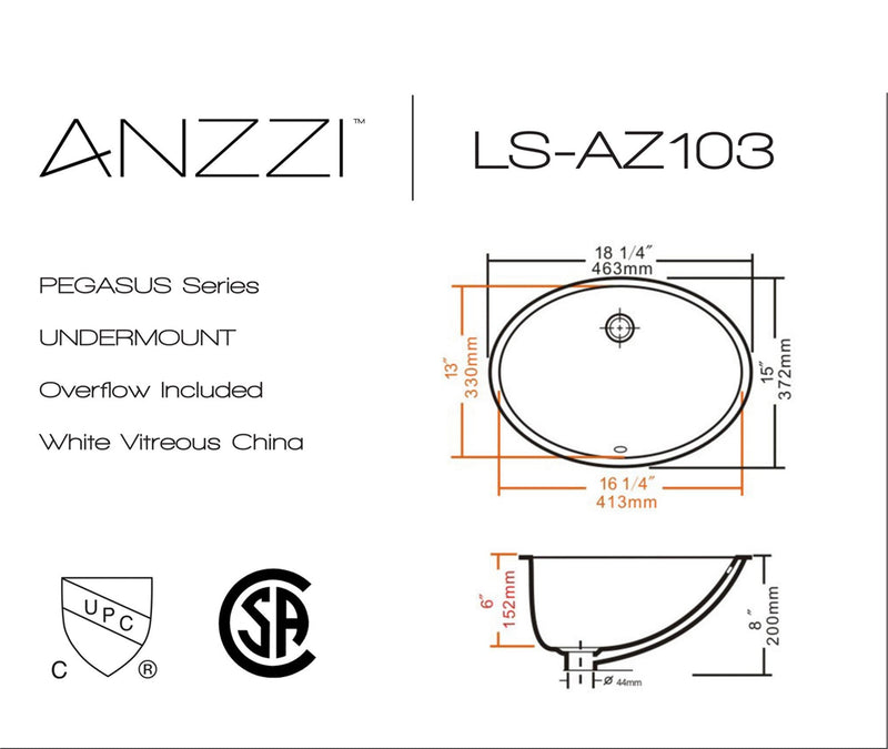 ANZZI LS-AZ103 Pegasus undermount bathroom sink, dimension drawing