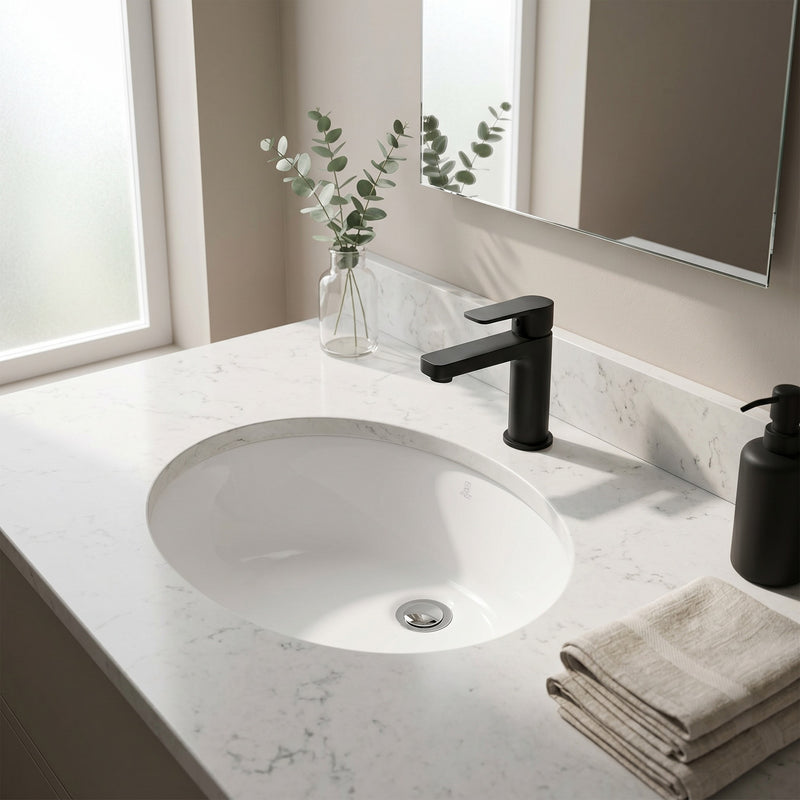 ANZZI LS-AZ103 Pegasus undermount bathroom sink in white, installed room view 3