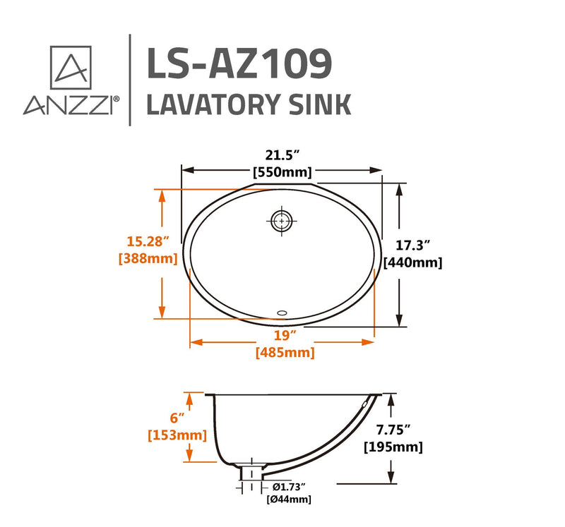 ANZZI LS-AZ109 Rhodes undermount bathroom sink, dimension drawing