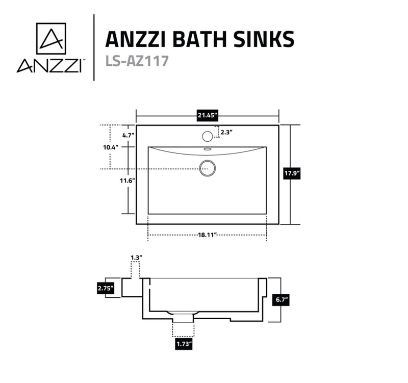ANZZI LS-AZ117 Neptune vessel sink, dimension drawing