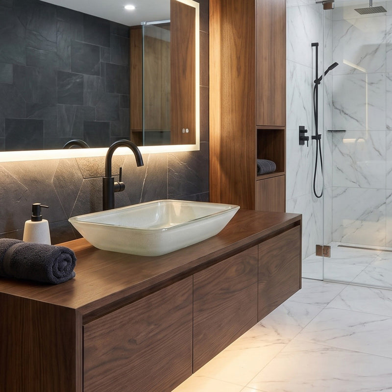 ANZZI LS-AZ910 Innovio vessel sink in matte white, installed room view 3
