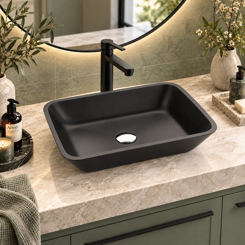 ANZZI LS-AZ911MB Innovio vessel sink in matte black, installed room view 1