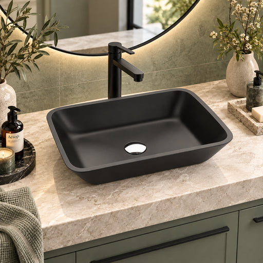 ANZZI LS-AZ911MB Innovio vessel sink in matte black, installed room view 1