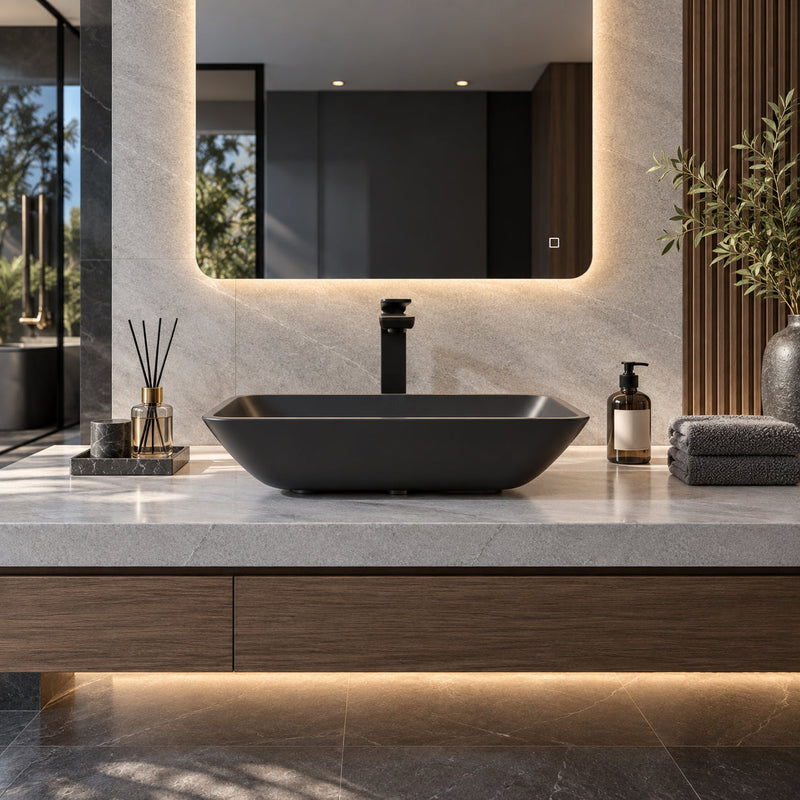 ANZZI LS-AZ911MB Innovio vessel sink in matte black, installed room view 2