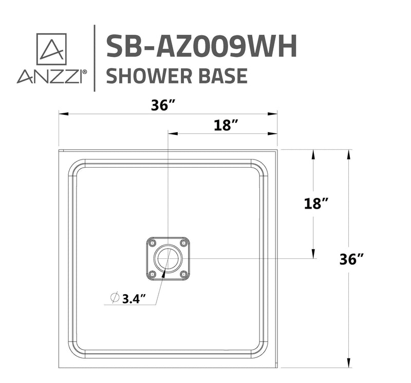ANZZI SB-AZ009WH Corner Shower Base dimension drawing with measurements