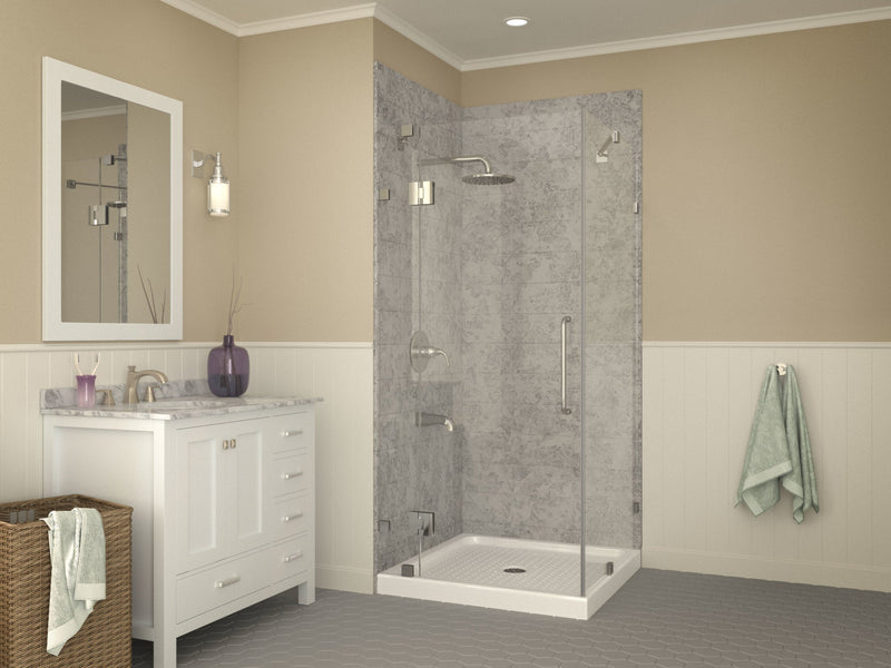 ANZZI SB-AZ010WN Corner Shower Base installed in a bathroom with glass enclosure